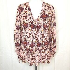 Altar'd State Boho Peplum Babydoll Top Blouse Medium Coquette Burgundy Pink